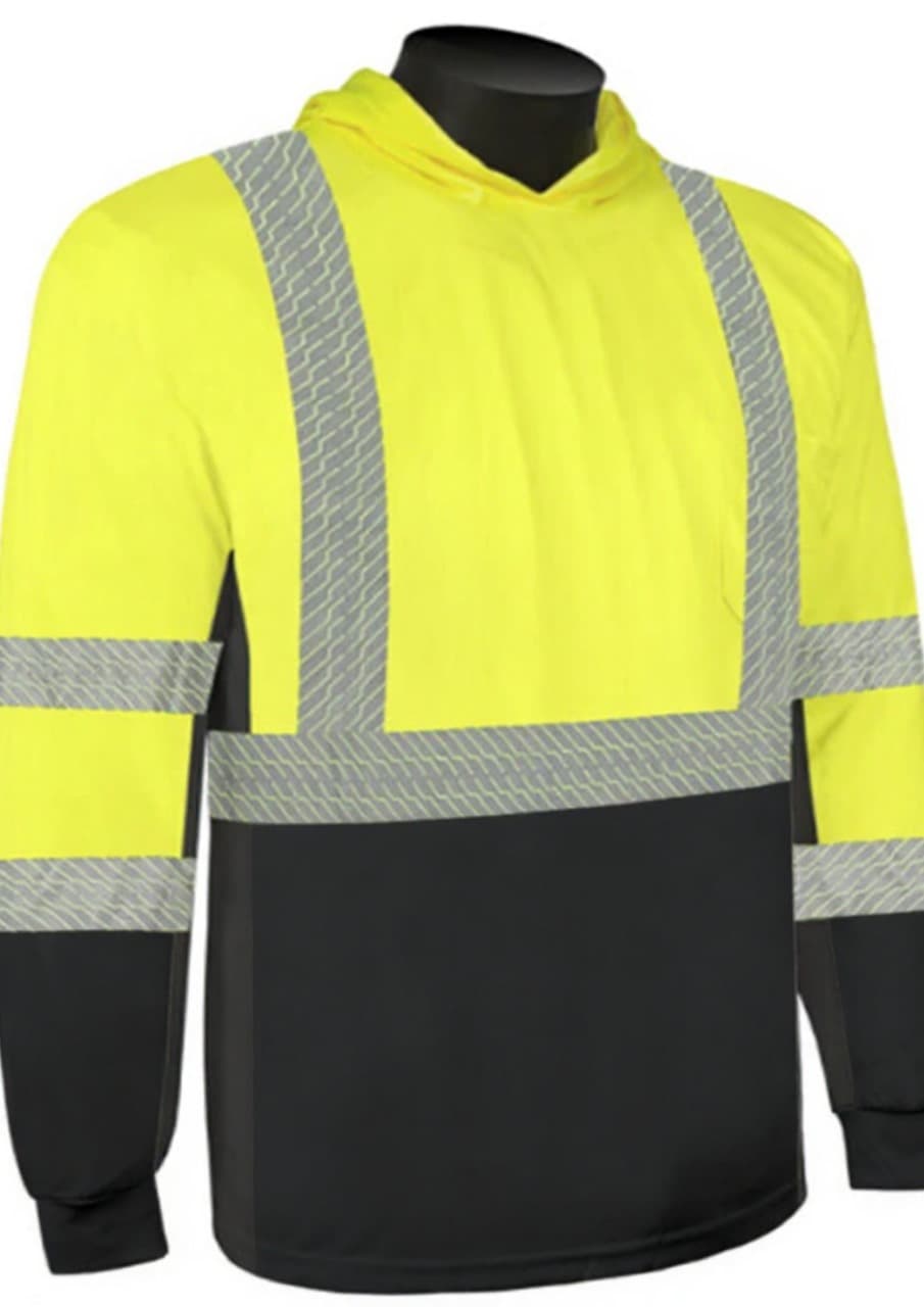 PL043 High Visibility Hooded Long Sleeve T-Shirt Class 2 – Lime with Contrast Panels