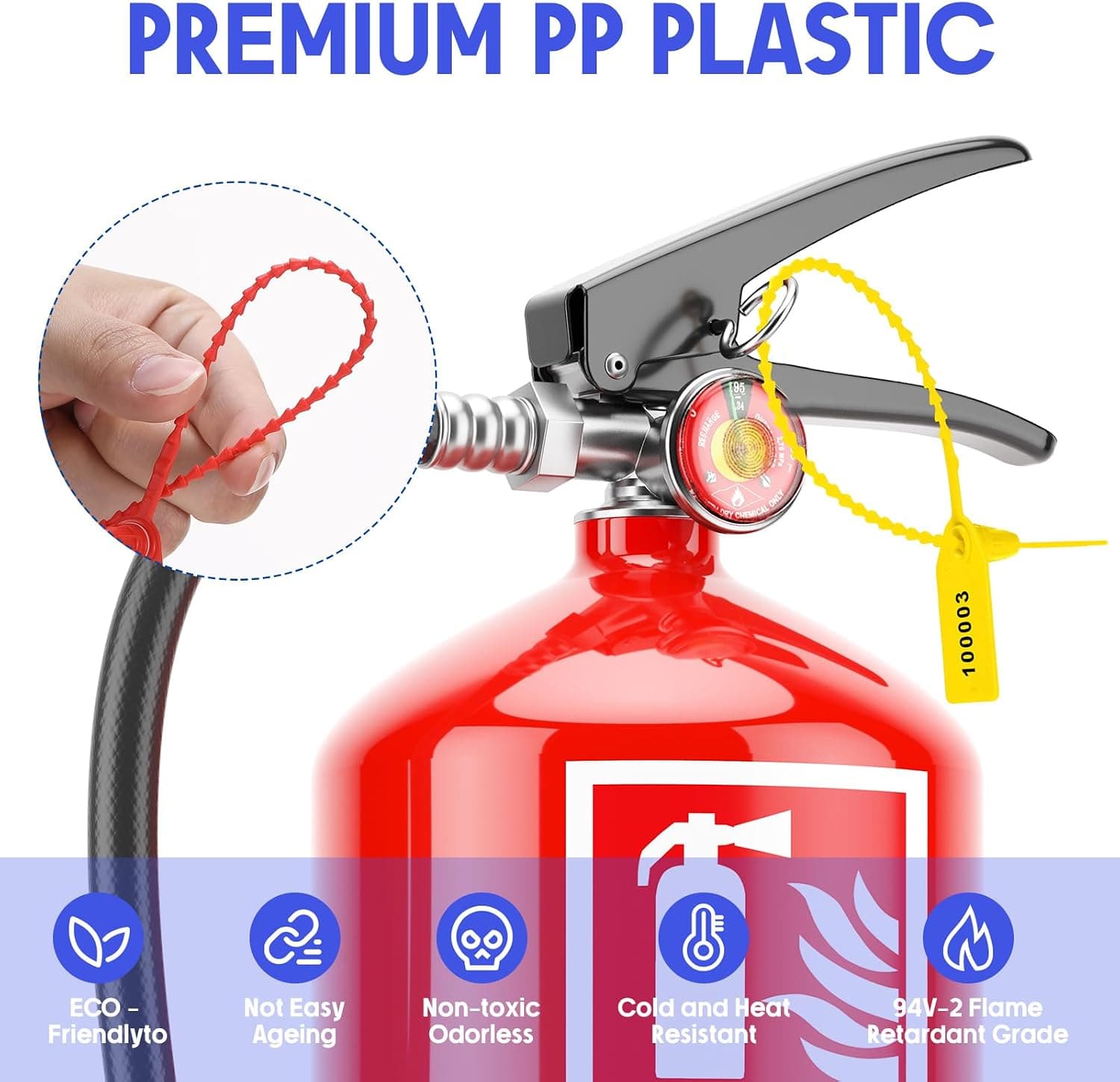 Numbered Fire Extinguisher Tamper Seals, 9.8" Plastic Security Pull Tight Seals with Laser Printed Serial Numbers, Self Locking Disposable Zip Tags for Fire Extinguishers, First Aid Kits & Equipment — view 4