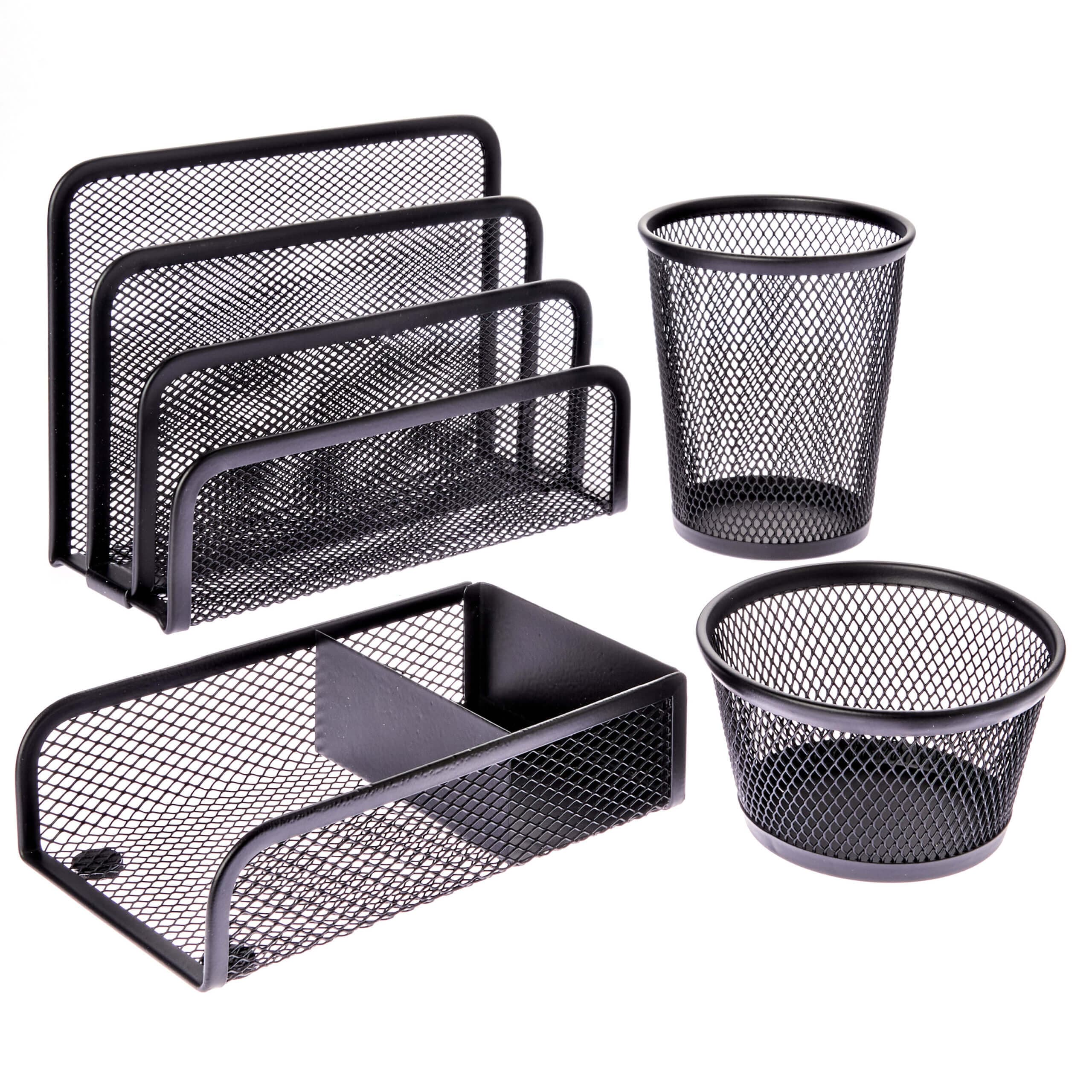 4 in 1 Desk Organizer Set, Pencil Cup, Clip and Stick Note Holder, Letter Sorter, Black