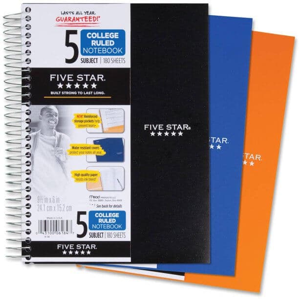 Mead Five Star 5-Subject-Ruled Notebook, Assorted Colors — view 1