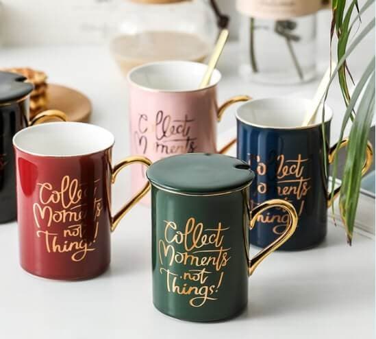 Luxury Porcelain Mug with Gold Handle and Spoon, 350ml